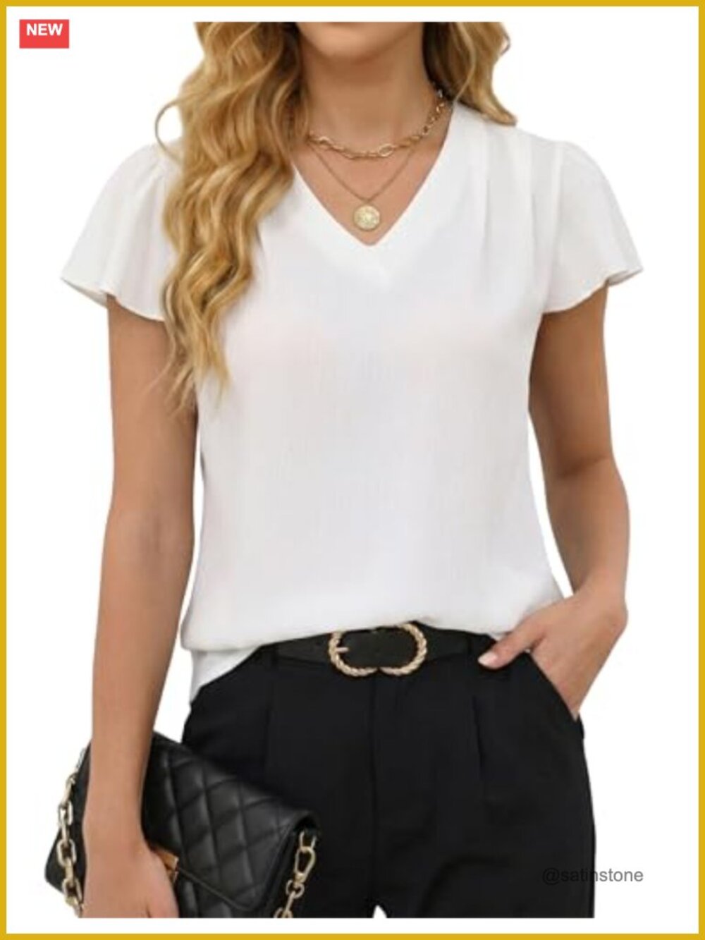 Womens Ruffle Sleeve Work Top Blouse Polyester Spandex V-Neck Office Casual